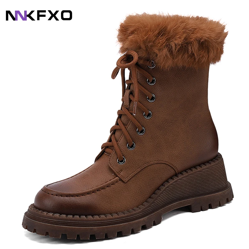 

New Winter Women Boots 2021 Genuine Leather Ankle Black Boots Plush Boots Lace-up Waterproof Platform Women Boots vc2233