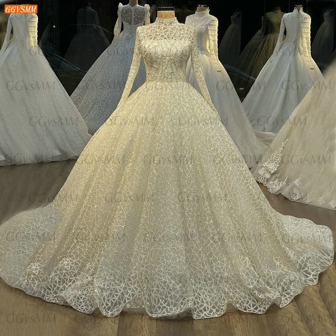 

Dubai Ivory Lace Wedding Dress 2022 Robe De Mariée Princesse High Neck Muslim Long Sleeves Vestido De Noiva Arabic Bride Dresses