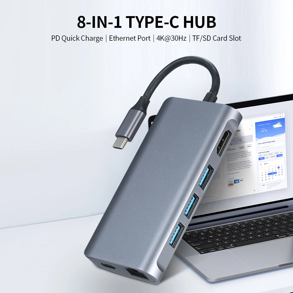 

8-in-1 Type-C Hub Type-C to 4K@30Hz Adapter with Ethernet Port/ USB3.0/ 87W PD Quick Charge/ Support TF&SD Card Reading