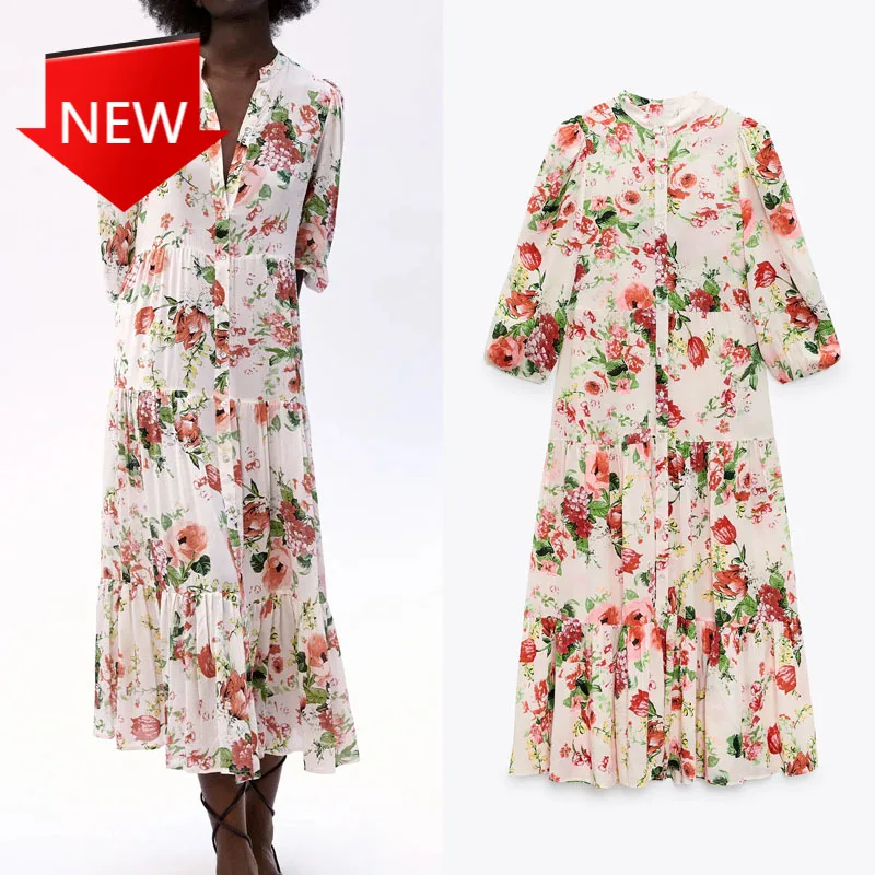 

Женское винтажное платье на пуговицах спереди, длинное плиссированное платье с длинными рукавами-фонариками и оборками, лето 2021