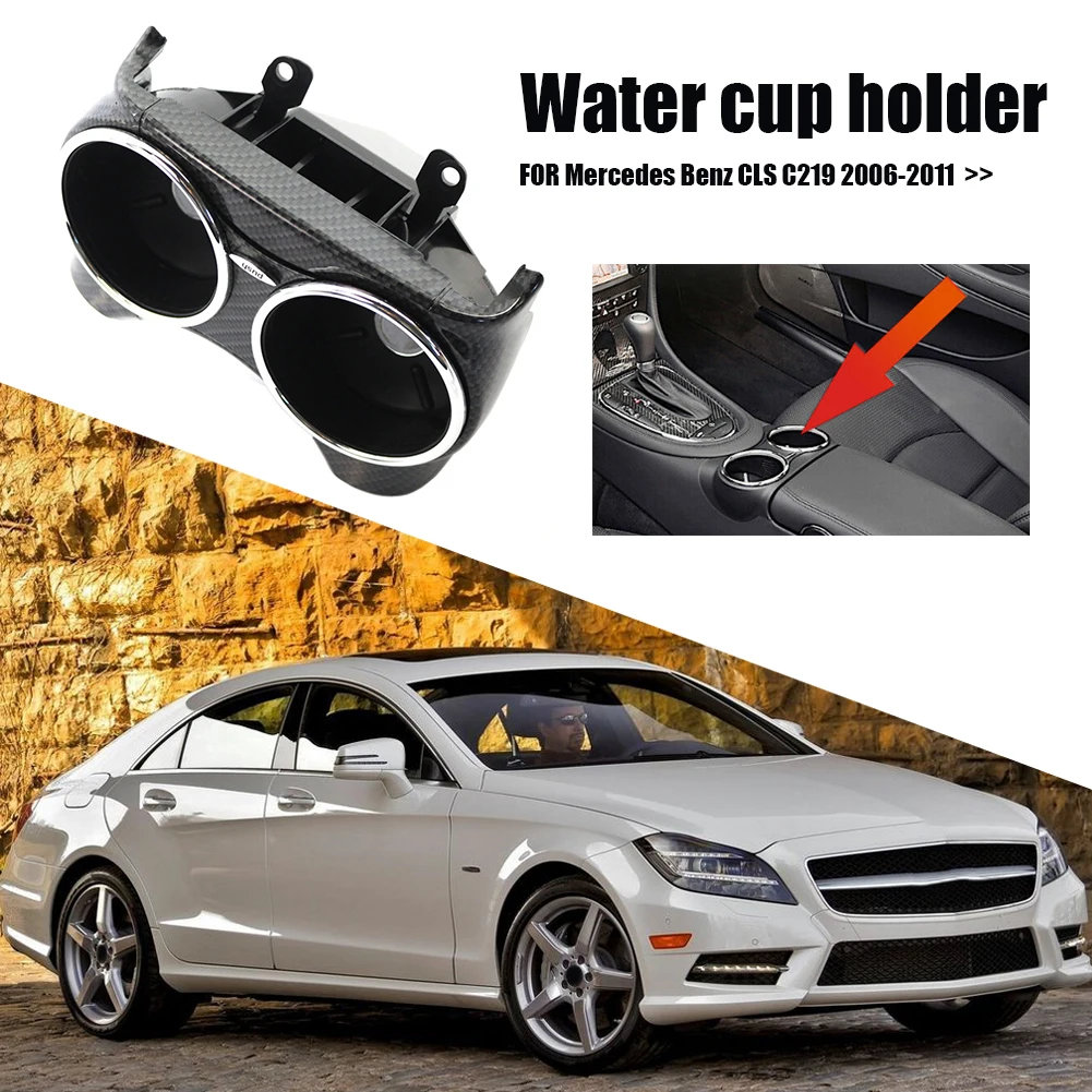 

Car Interior Center Console Gloss Black/Carbon Fiber Look ABS Plastic Dual Cup Holder for Mercedes-Benz CLS Class C219 2006-2011