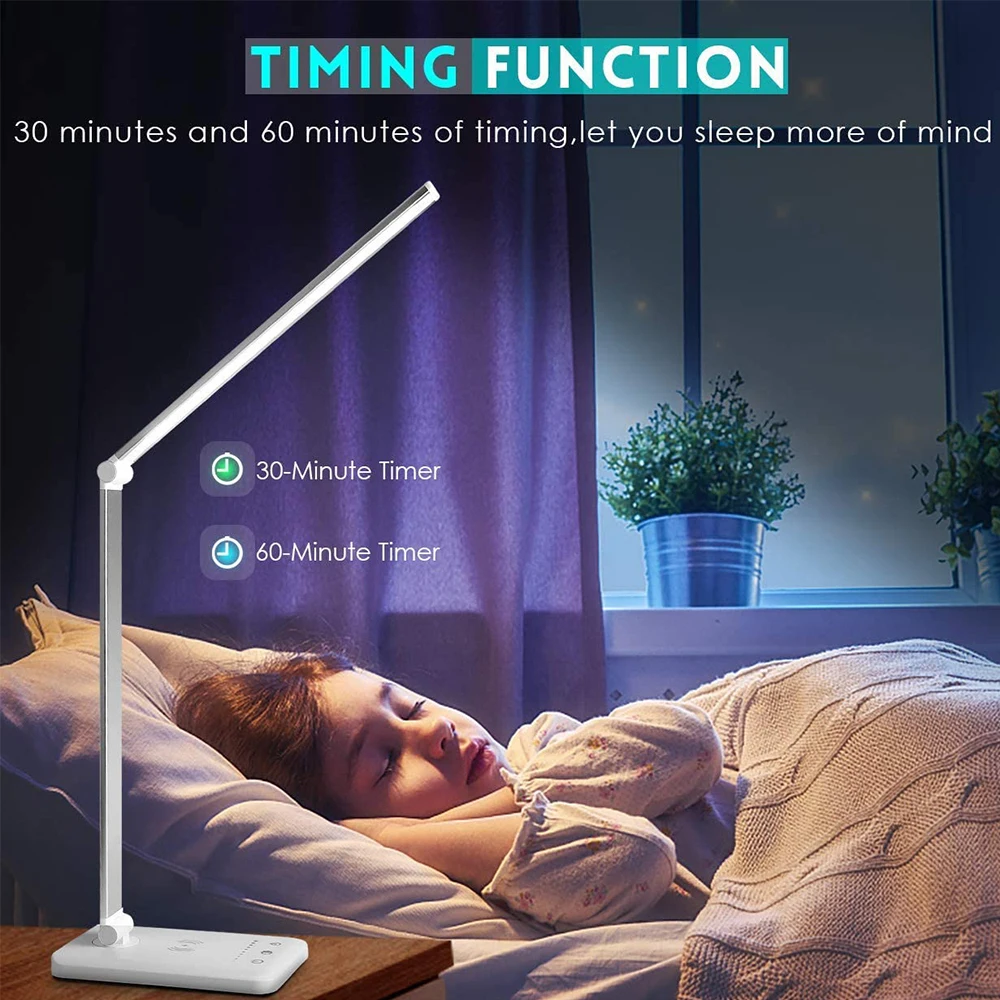 

USB Charging Port Table Light Auto Timer Eye-Caring Lighting LED Desk Lamp with Wireless Charger for Home Office Bedroom Reading