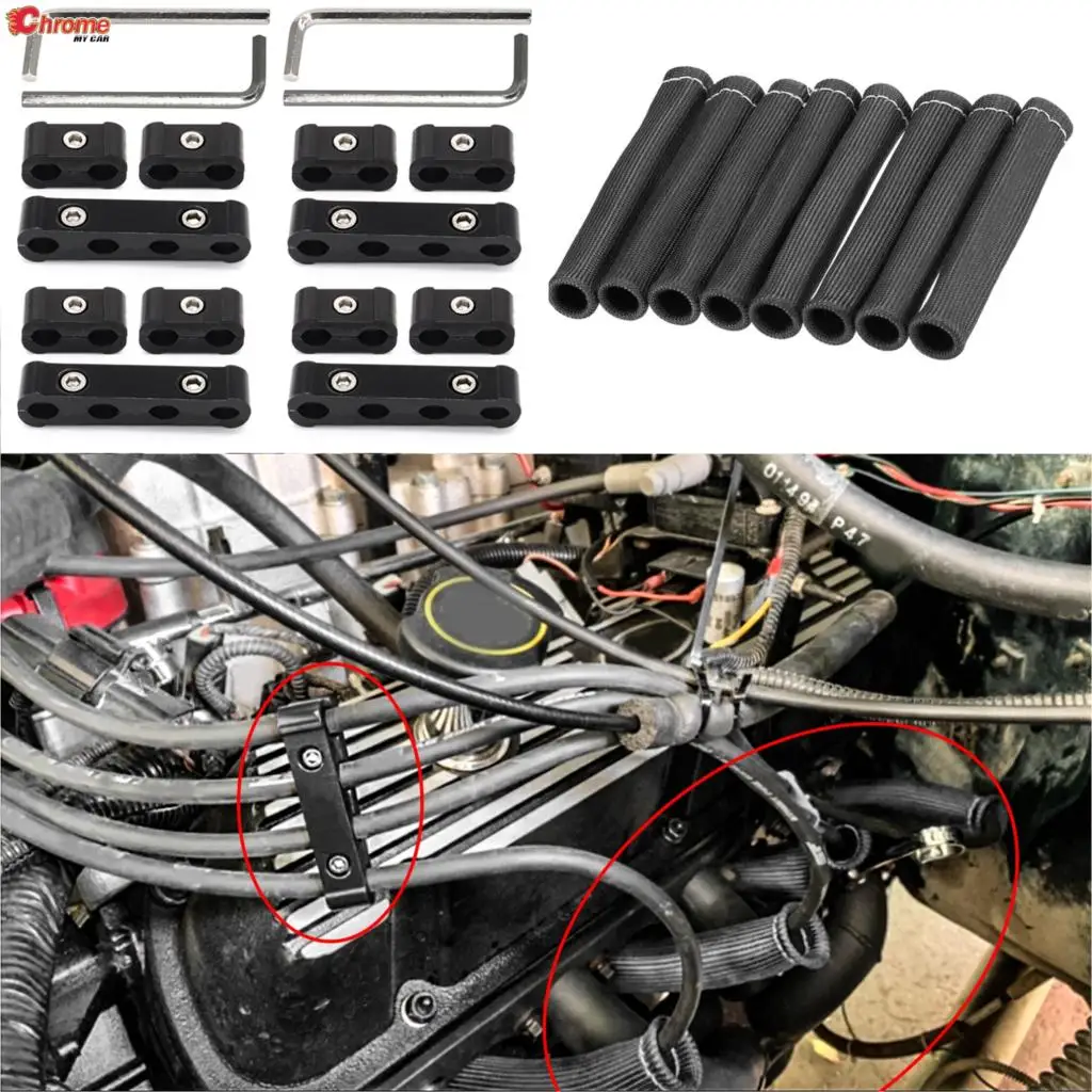 

8pc For GM SBC BBC LS1 LS2 LS6 Spark Plug Wire Boot Sleeve Heat Shield 12X Wire Separator Divider Ignition Lead Loom Clamp Mount