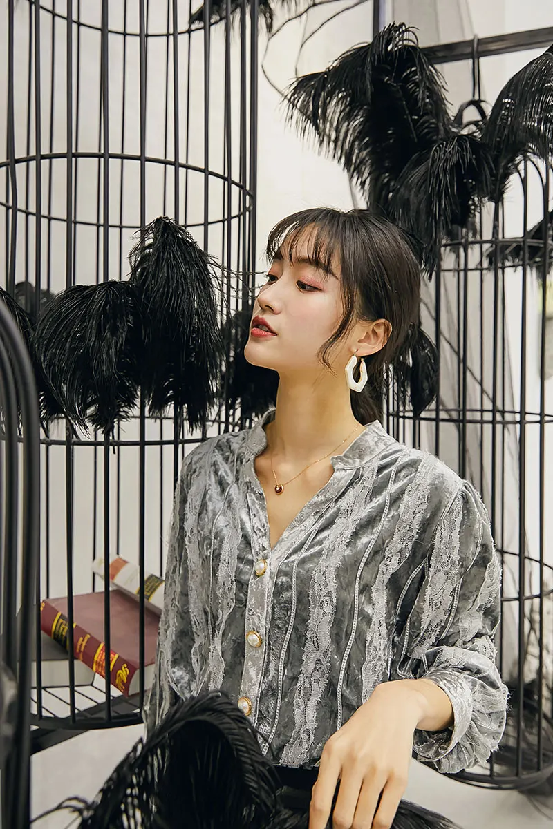 CHEERART V Neck Velvet Blouse Long Sleeve Lace Patchwork Ladies Top Vintage Fall Korean Fashion Clothing | Женская одежда