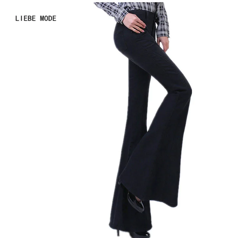 Womens Button Fly Slim Boot Cut Flare Jeans High Waist Skinny Denim Pants Ladies Sexy Push Up Black Bell Bottom Trousers Women