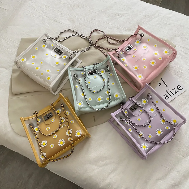 

Transparent PVC Handbag Classic Texture Creative Design Chic Daisy Flower Jelly Totes PU Shoulder Bag Composite Set