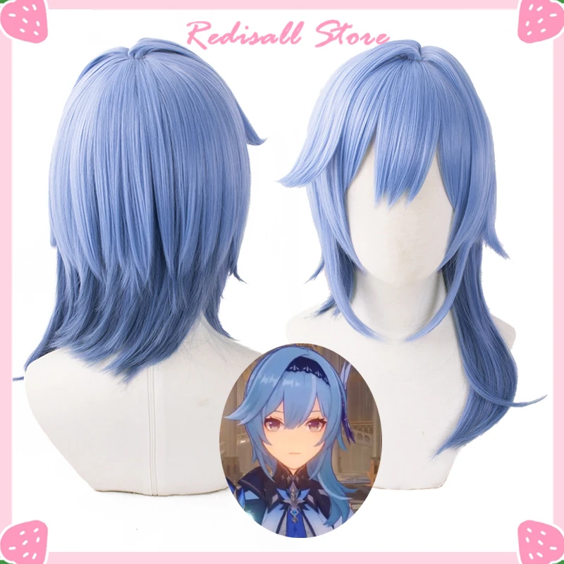 

Gradient Blue Cosplay Genshin Impact Eula Wig Synthetic Short Straight Heat Resistant Hair Adult Women Free Wig Cap