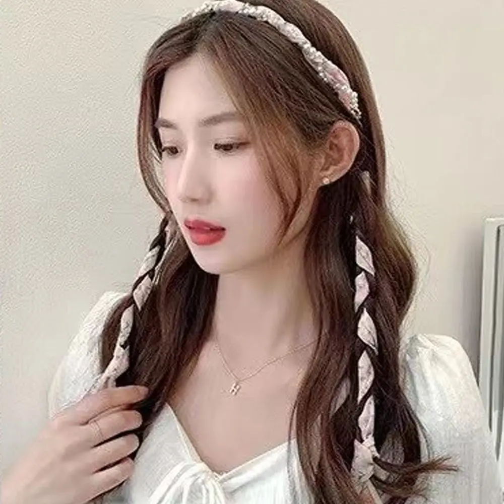 

Sweet Hair Accessories For Girls Korea Headband Streamers Print Pearl Long Ribbon Hairband