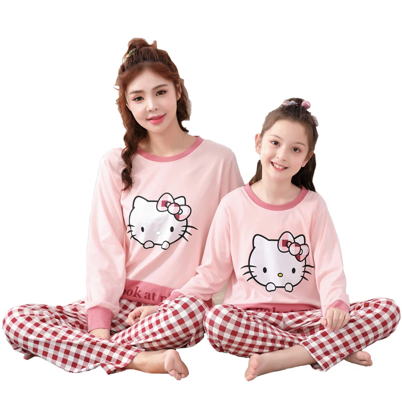 Семейные рождественские пижамы для мамы и дочки в одном стиле, платья Hello Kitty одежда из хлопка с длинными рукавами детские пижамы, для детей