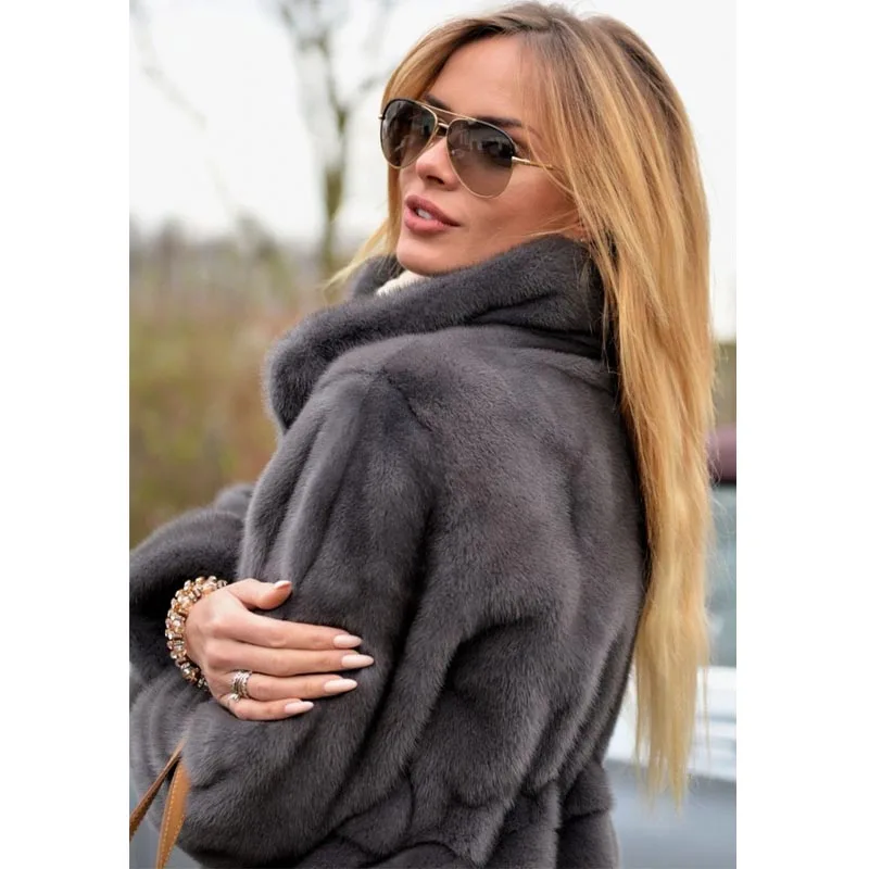 BFFUR Long Mink Fur Coats Real Women Winter Trendy New Stand Collar Grey Color Natural Mink Fur Coat Fashion Overcoats Luxury
