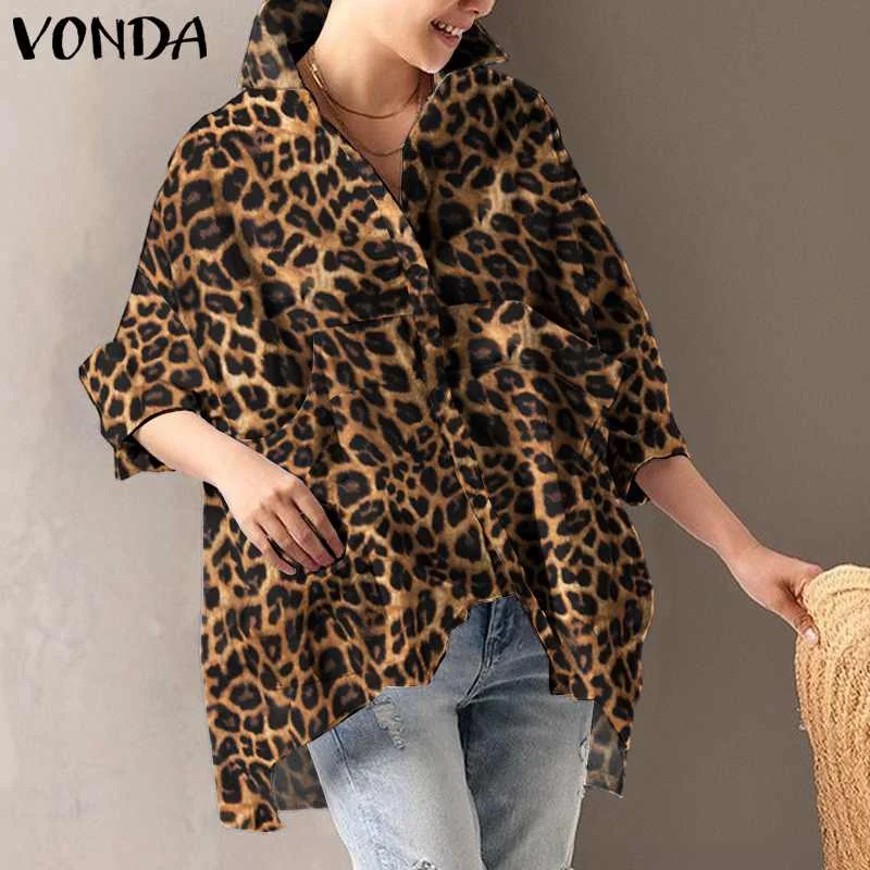 

Блузка VONDA 2021, женские топы, повседневные богемные блузы с отложным воротником и пуговицами, женские рубашки с рукавом 3/4 и леопардовым принт...