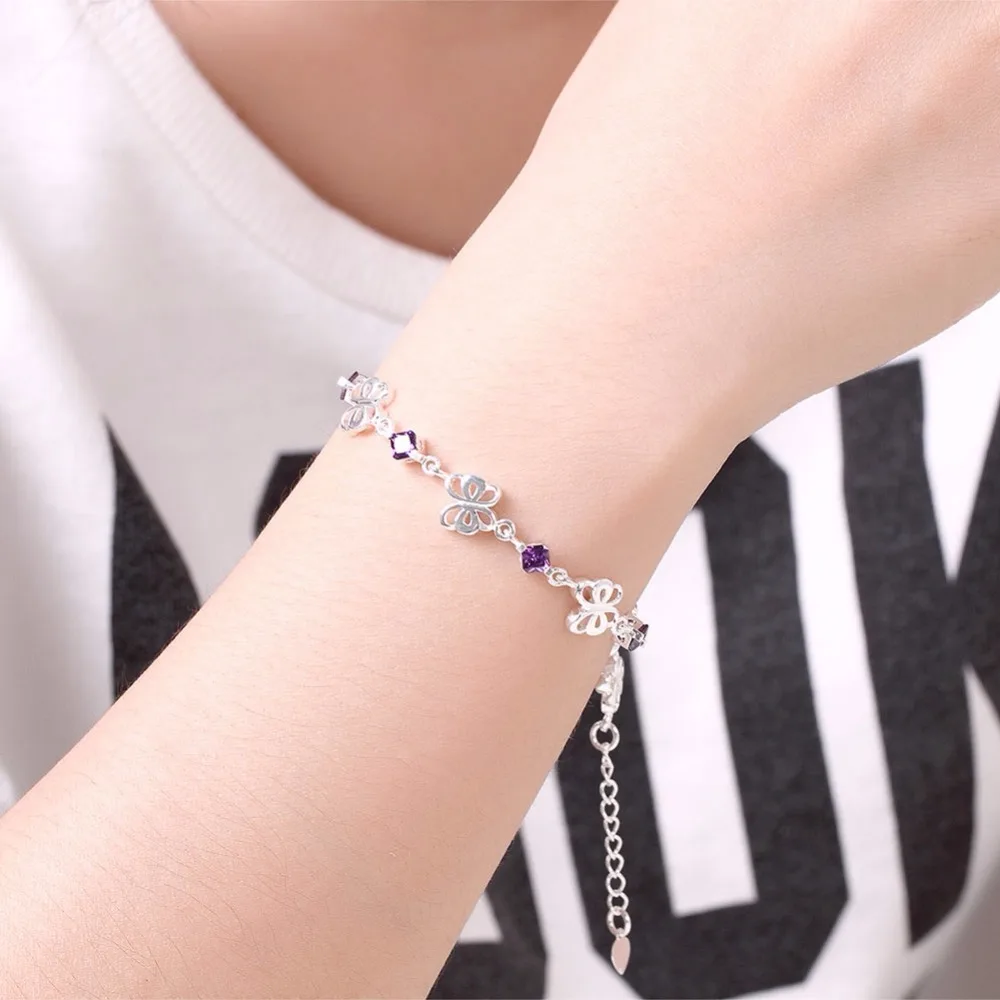 

925 Sterling Silver Lucky Bracelets Cuff Fashion Bangle Clear Purple charm Crystal bangle Women ladies girls Jewelry gift Silber
