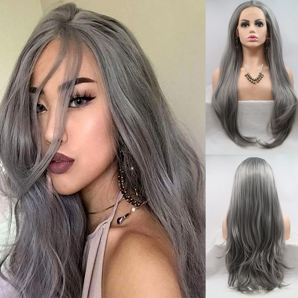 

Прямой Шелковый синтетический парик Baicheng на сетке спереди, серые парики, натуральная прическа, серые парики на сетке для косплея для женщин,...