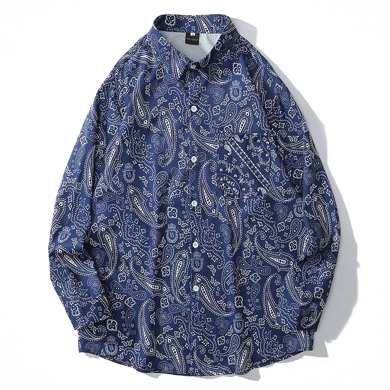 Harajuku Bohemia Shirts Mens Paisley Print Hip Hop Button Down Longsleeve Shirt For Men Streetwear Fashion Hawaiian Beach Tops
