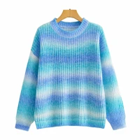 woman 2022 autumn winter green and blue striped knitted sweater pullover rainbow o neck long loose sweet coat
