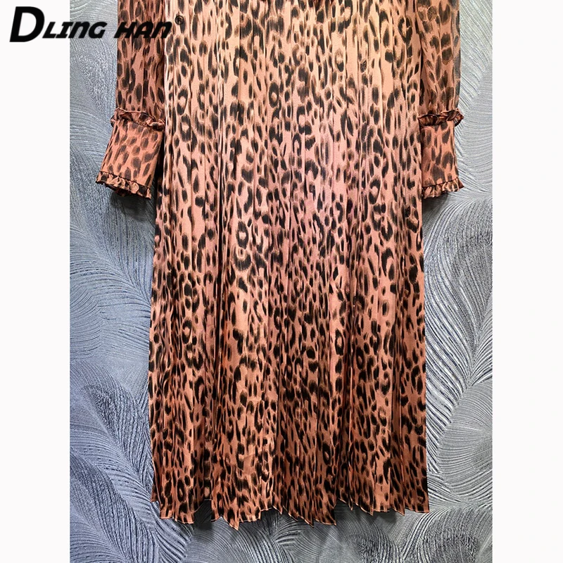 

DLINGHAN Fashion Leopard Print Summer Dress Women's Long Sleeve Ruffles Beading Button Vintage Dresses Designer New
