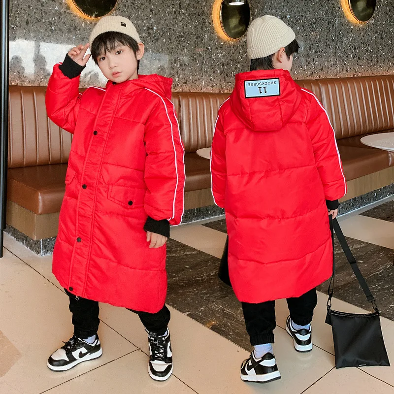 

Boys Winter Long Jacket Children Red Casual Clothing Kids Clothes Warm Thick Parka Hooded Coats New Fashion 4 6 8 10 12 14 Yrs