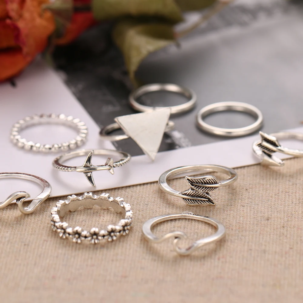 9 шт./компл. винтажное серебряное треугольное кольцо с геометрическим рисунком
