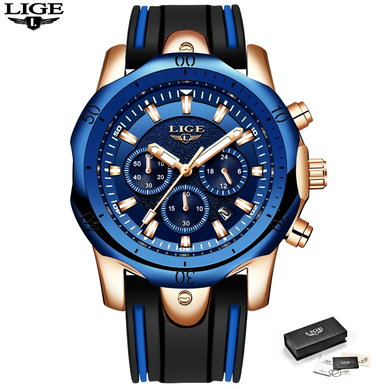 Часы наручные LIGE мужские с силиконовым ремешком модные брендовые Роскошные