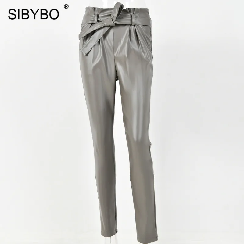 Sibybo/повседневные женские брюки с высокой талией из искусственной кожи; осенние модные узкие брюки на завязках; женские уличные брюки с карманами - Цвет: As Shown