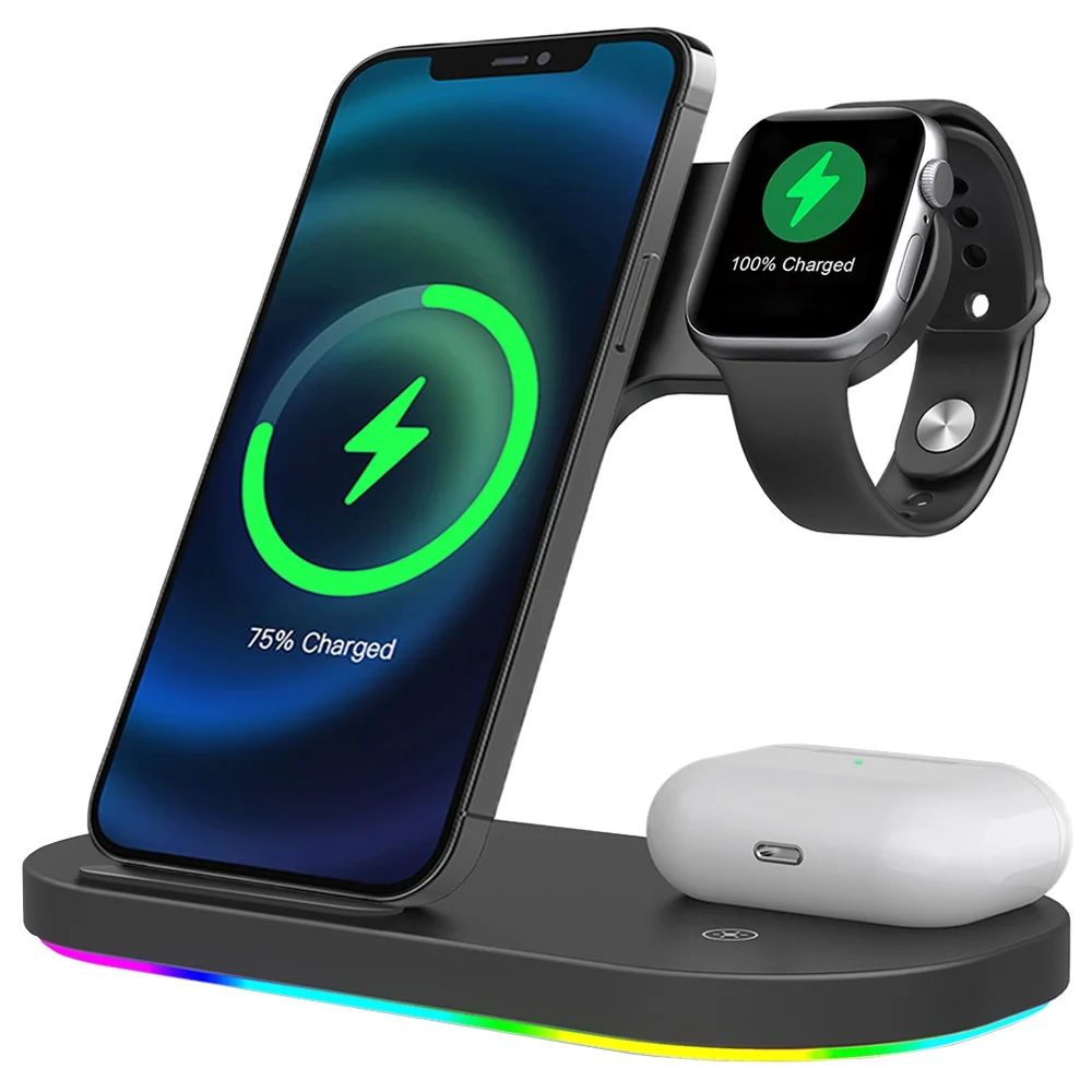 

Подставка для быстрой беспроводной зарядки 3 в 1, черная для iPhone серии 11 | 12 | 13 | Apple Watch | AirPods Pro