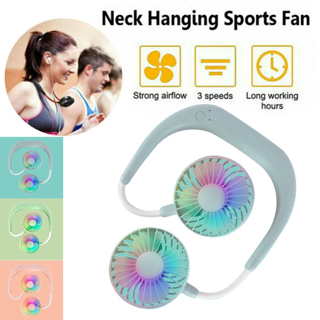 

Mini USB Portable Fan Cool Rechargeable Neckband Cooling LED Fan Three wind speed Lazy Neck Hanging Fan