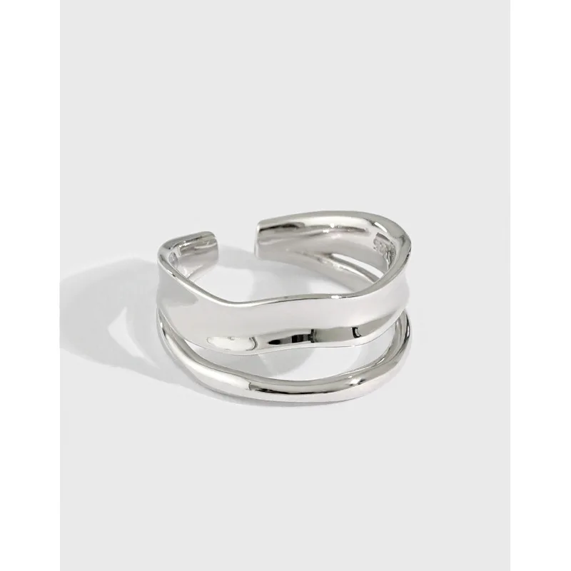 

18K Gold Plating Authentic 925 sterling silver Irregular Double Rows Two Line Wave Ring Jewelry C-JF357