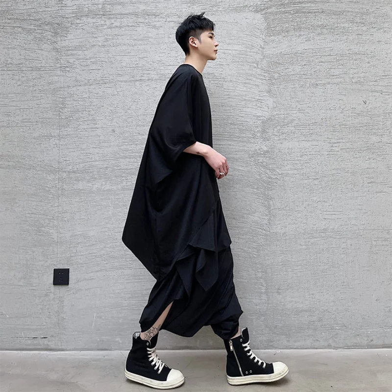 Men summer irregular asymmetry niche design large size loose round collar personality T-shirt stylish dark INS shirt