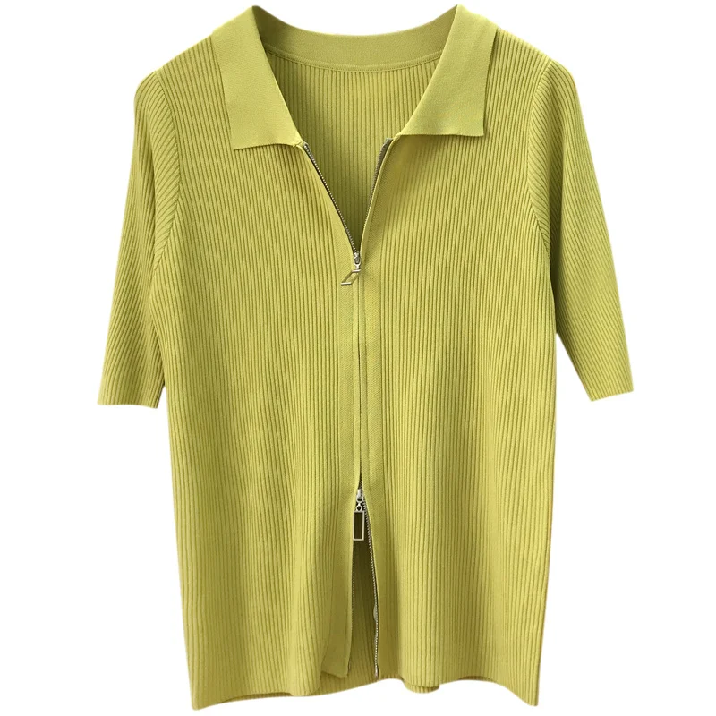 

Summer 2021 Women's POLO Lapel Double Zipper Knitted Sweater Cotton Short Sleeve Thin Fashion Casual Black T-shirt Cardigan