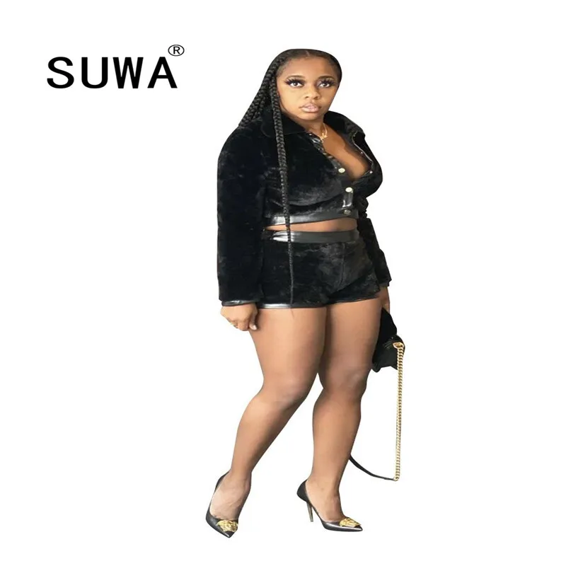 

Бархатный спортивный костюм для женщин, комплект из двух предметов, осенняя зимняя одежда, пальто с длинным рукавом и шорты, спортивный кост...