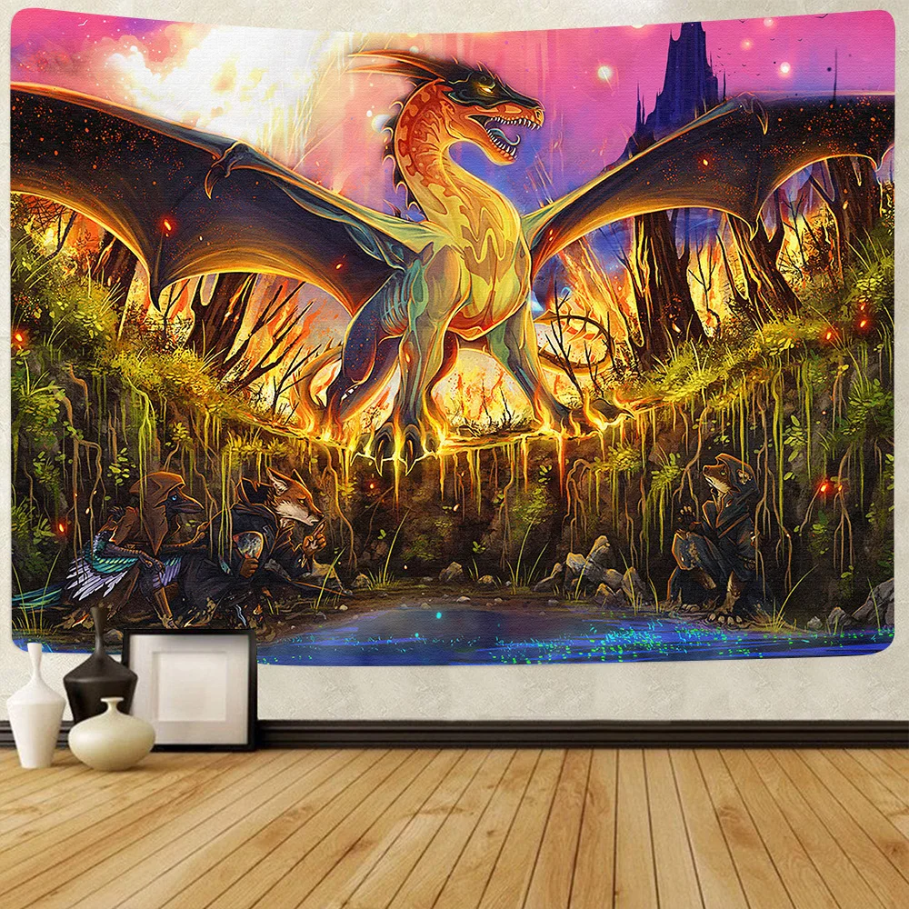 

Simsant Fantasy World Forest Tapestry Cartoon Medieval Red Dragon Art Wall Hanging Tapestries for Living Room Home Decor