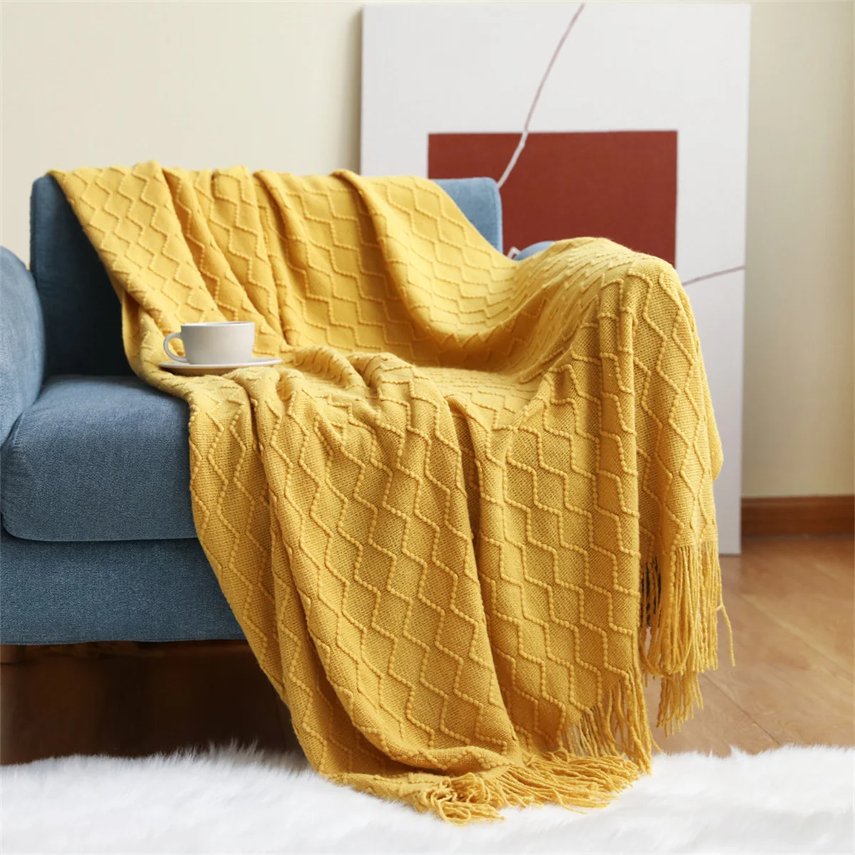 

Knitted Throw Blanket for Sofa Lightweight Soft Bed Couch Knit Blanket with Tassel Decorative Cozy Farmhouse Throw Blankets