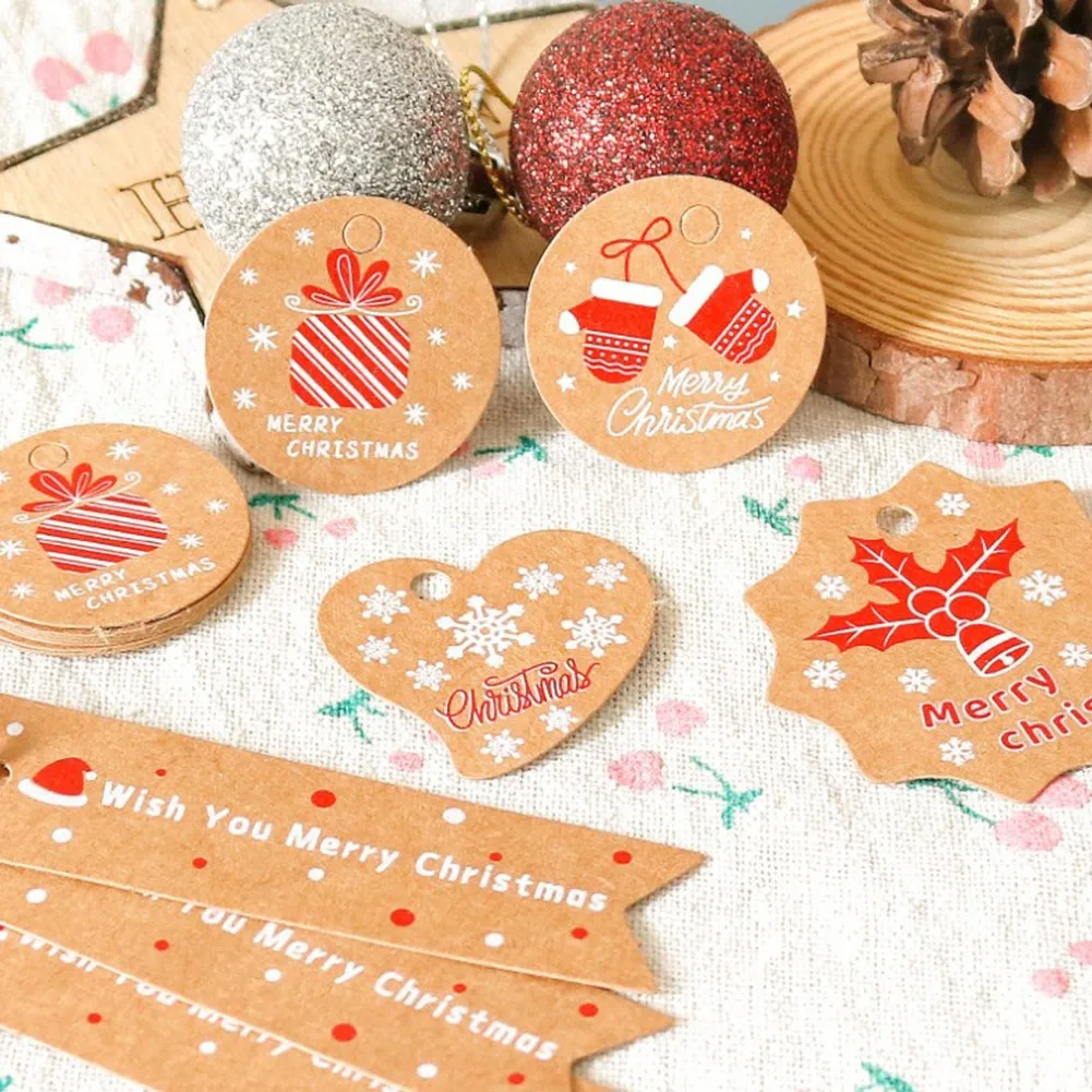 

Christmas Event Party Decoration 50PCS Paper Merry Christmas Gift Tags Santa Snowman Elk DIY Hang Tags With Rope Ornaments