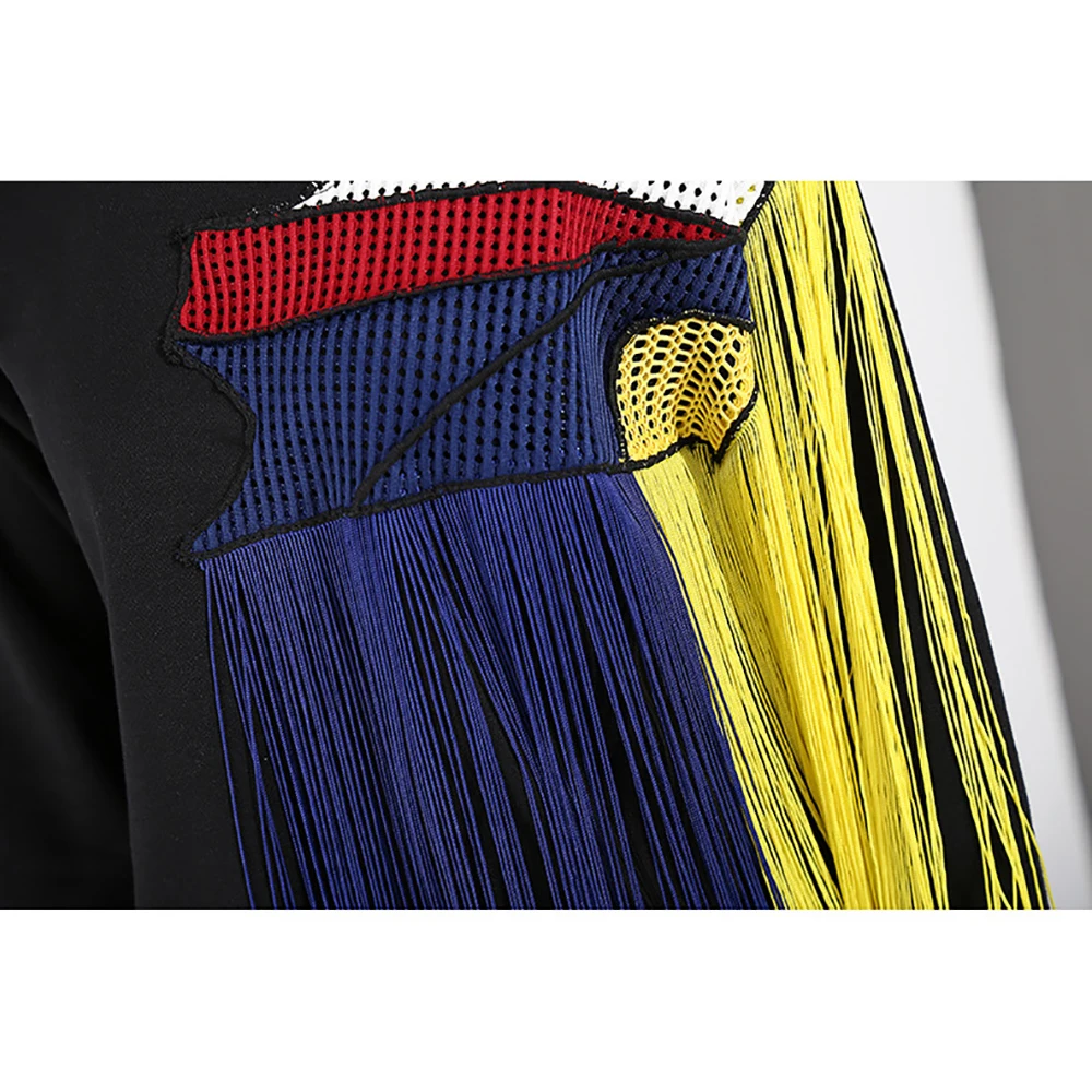 

YUANYUANJYCO Autumn Spring Women Regular Length Casual Polyester Sweatshirt WYMS25 Fashion Patchwork Embroidery Tassel Clothes