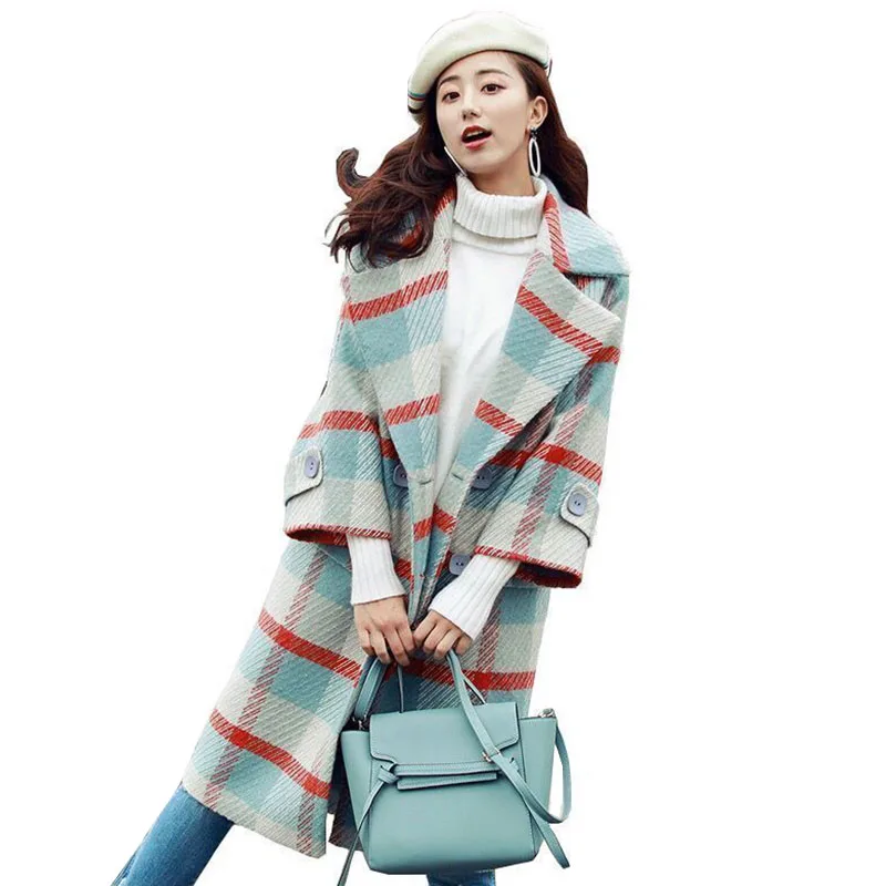 

Autumn Winter New Wool Coat Women's Mid-length Jacket Fashion Elegant lattice Loose Woolen Coat Female Casual Outwear R652