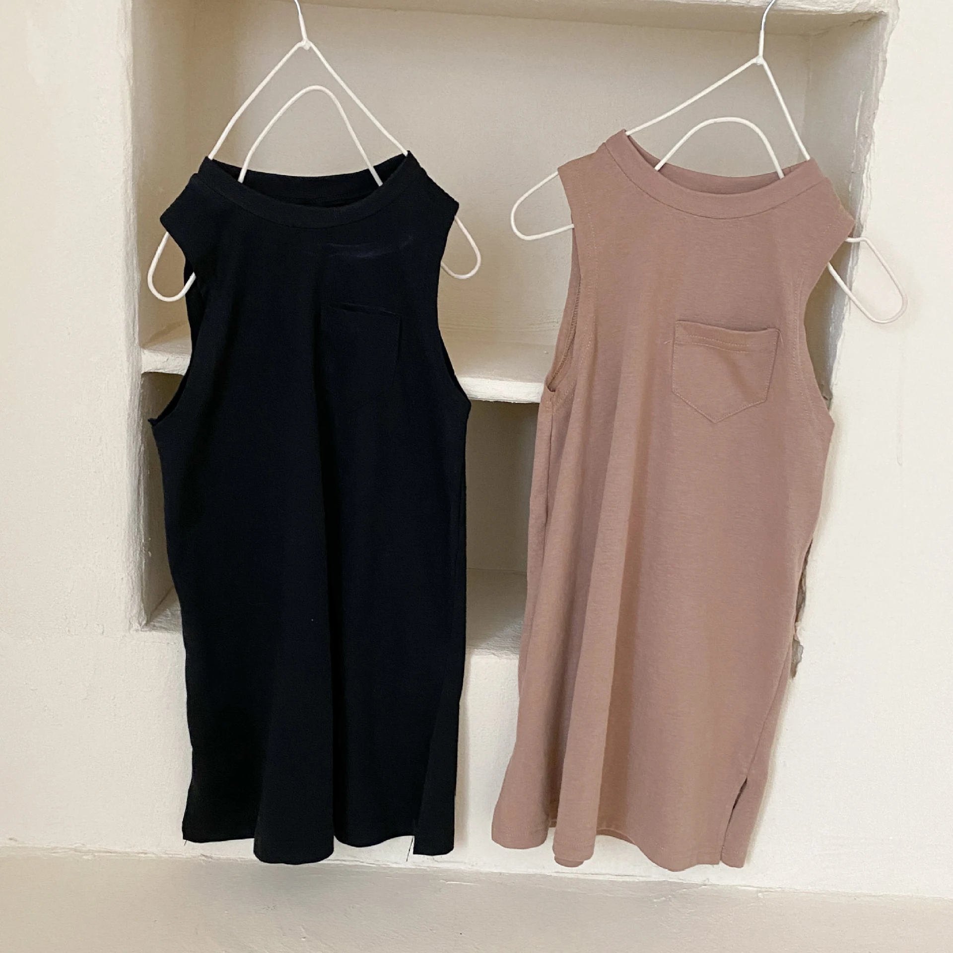 

Shriymariy Summer Sleeveless Pockets Girl Dress Cotton Solid Long Dress for Girls Casual Beach Vest Dress Children Clothing