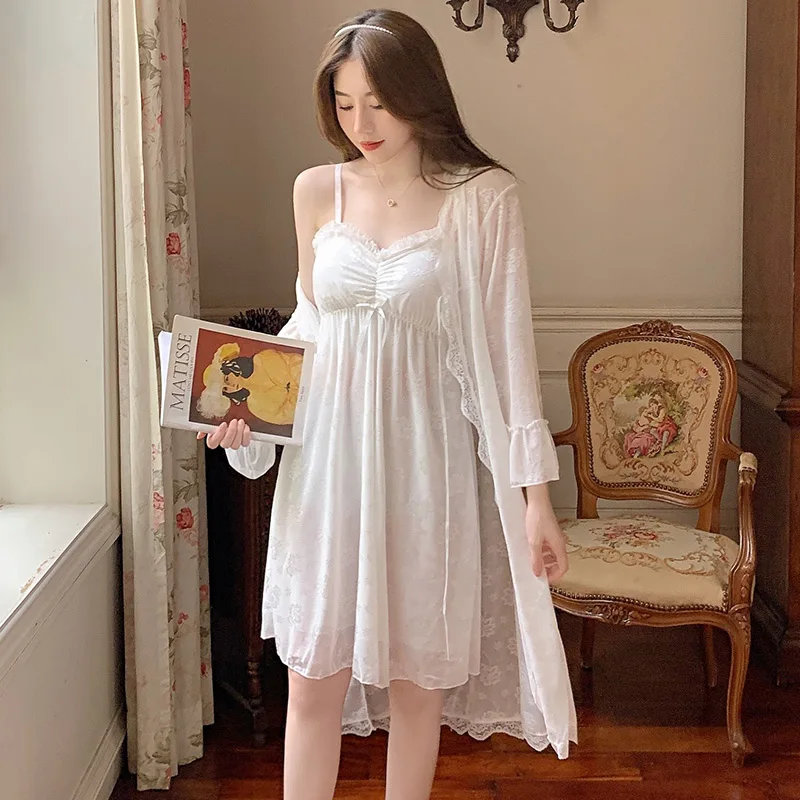 

Lace Pajamas for Women 2021 Summer Sexy Sling Nightdress Fairy Palace Style Robes Nightgown with Chest Pad 2-Piece Set New