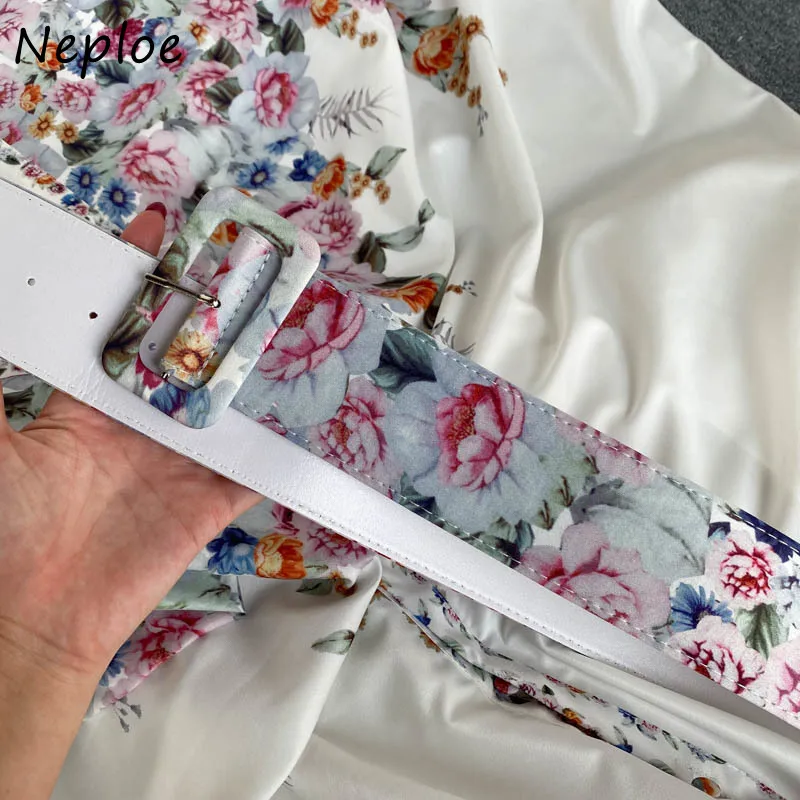 

Neploe Flower Print Dresses Elegant Belt Slim Waist Vestidos Long Sleeve Single Breasted Turn Down Collar Women Dress 1E370