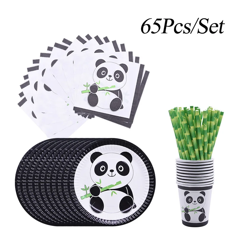 65 шт тема панды одноразовая посуда наборы черный белый цвет бумажные тарелки и