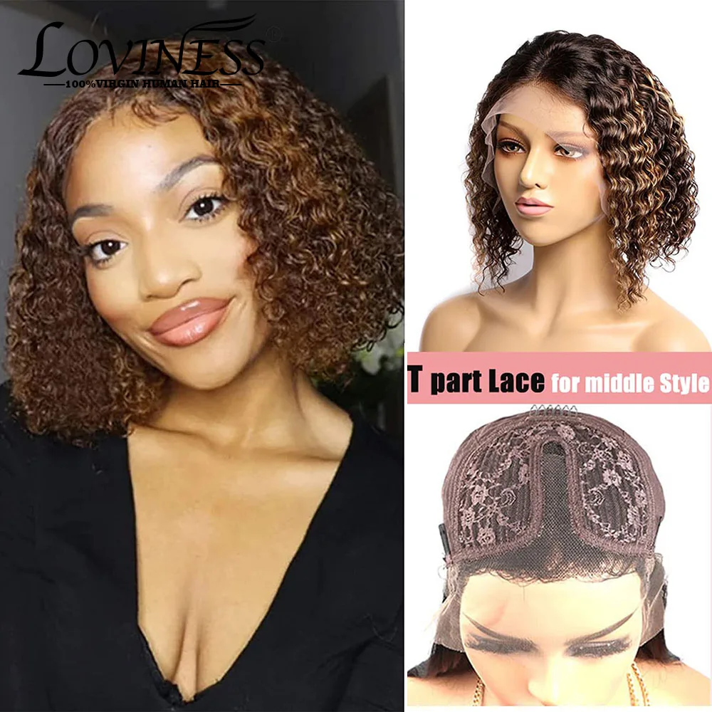Curly Highlight Bob Wig Deep Wave Balayage Pre Plucked 13x1 T Part Bob Lace Front Human Hair Wigs With Baby Hair
