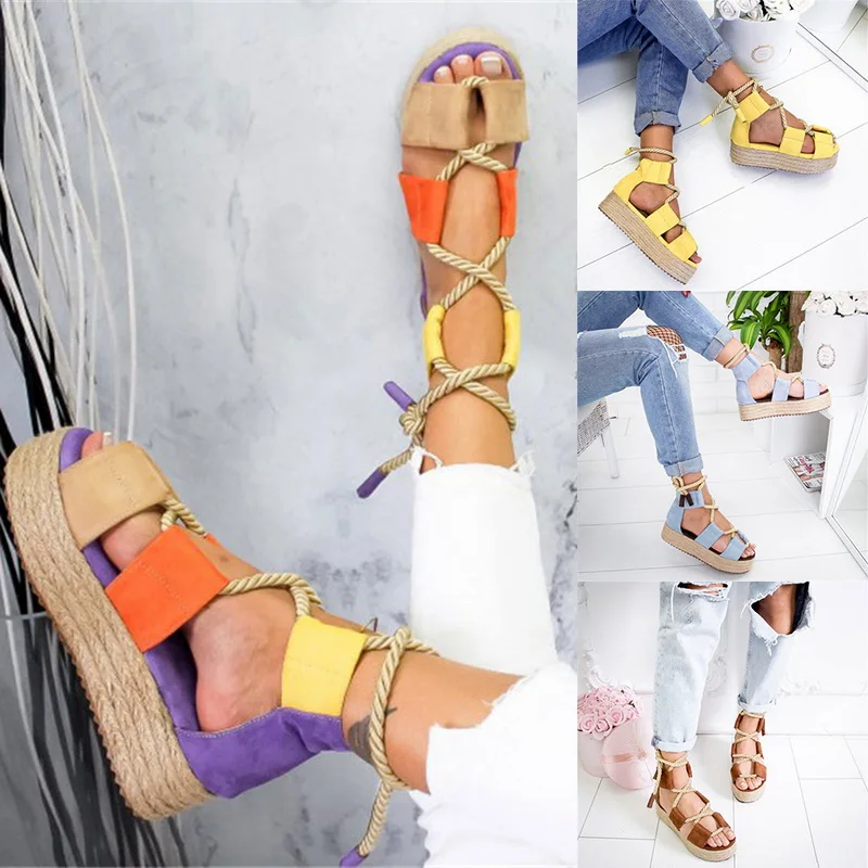 

New Fashion Summer Strap Shoes Wedge Women Sandals Heel Pointed Fish Mouth Hemp Rope Lace-up Sandals Ankle Strap High Heel Shoes
