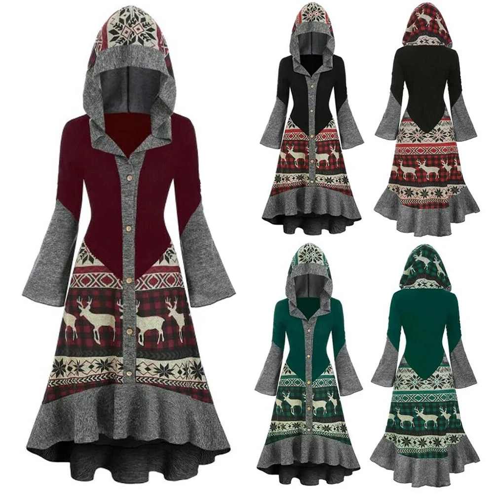

Women Christmas Elk Hooded High Low Flounce Hem Knitted Dress Overcoat Long Sleeve Dress TC21
