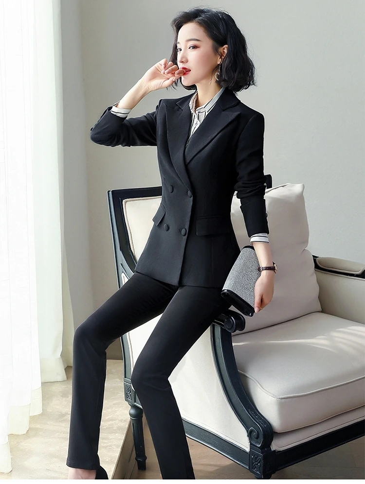

Dress Suits Women Double Breasted Blazer Two Piece Set Elegant Office Ladies Wear Formal Business Work Black Uniform Plus Size