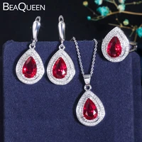beaqueen 3pcs cz crystal jewellery accessories big teardrop rose red cubic zirconia anniversary jewelry sets for women js052