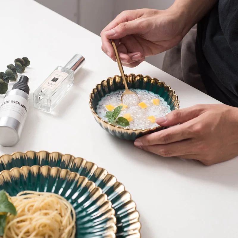 Керамическая Скандинавская чаша для супа салата темно-зеленая десертная тарелка