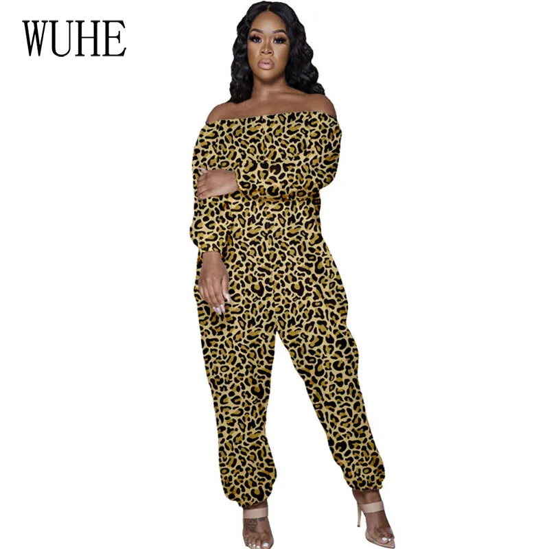 

WUHE Leopard Rainbow Print Jumpsuits Loose Long Sleeve Sexy Off Shoulder Slash Neck Casual Streetwear Vintage Nightclub Overalls