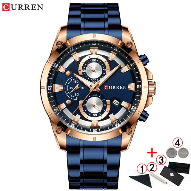 rose-blue-add-box Мужские часы Curren от ведущего бренда, роскошные мужские наручные часы с хронографом, кварцевые спортивные часы синего золота для мужчин - Цвет: rose-blue-add-box