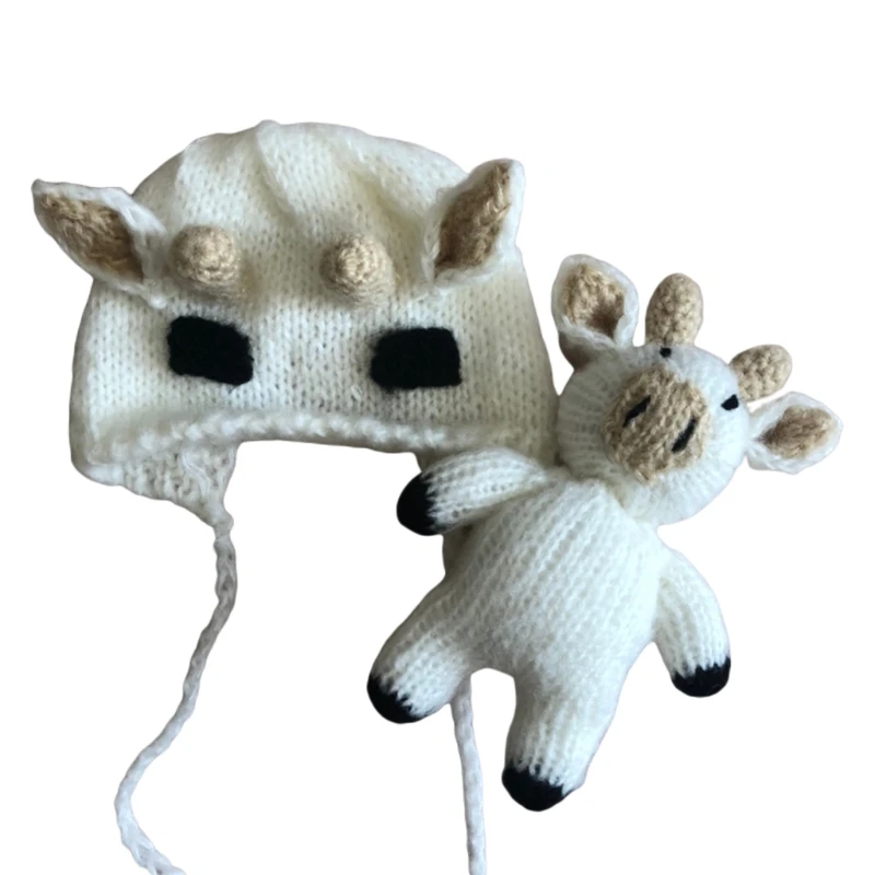 

40JC 2Pcs/Set Newborn Baby Photography Props Crochet Knit Cute Cow Beanie Hat Doll