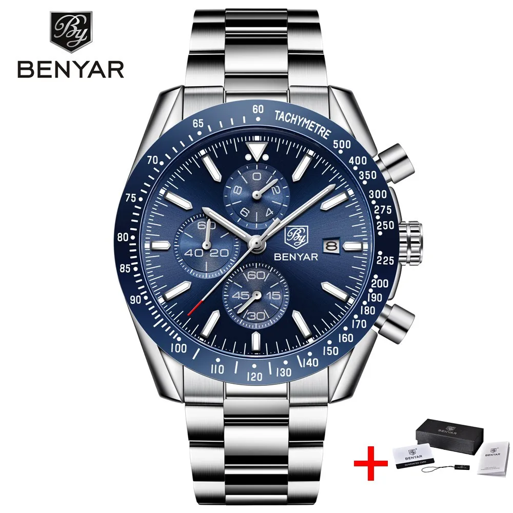 steel blue with box Benyar Кварцевые спортивные часы-хронограф Для мужчин Водонепроницаемый часы люксовый бренд силиконовые Бизнес, мужские часы, мужские часы, наручные часы с механизмом, часы horloges - Цвет: steel blue with box