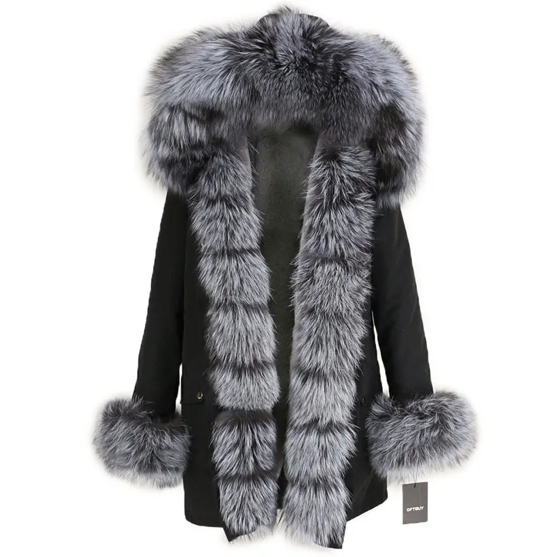 black silver OFTBUY, водонепроницаемая длинная парка, зимняя куртка, для женщин, натуральный мех, пальто, натуральный Лисий мех, воротник, капюшон, толстая, теплая, уличная, съемная, Новинка - Цвет: black silver